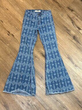 Rock & Roll Denim Bargain Button Bell Aztec Print Flare Jeans 24x34
